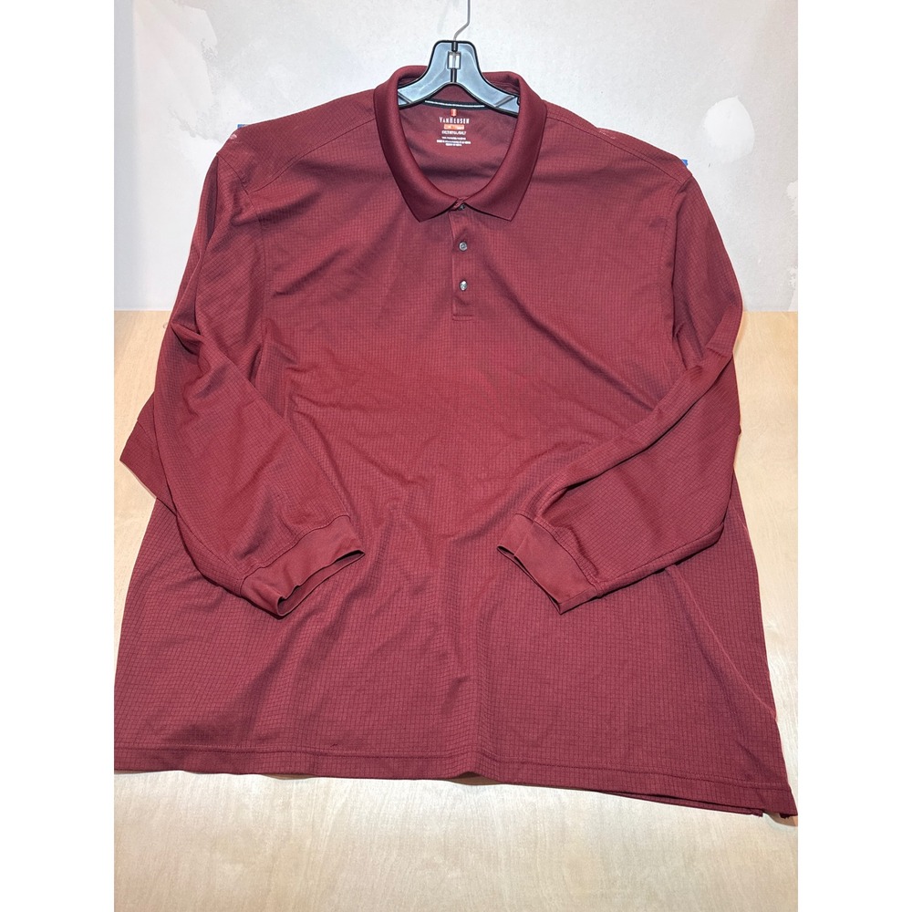 Van Heusen Traveler Mens 5XLT Long Sleeve Polo Shirt Burgundy Grid Textured 5XL